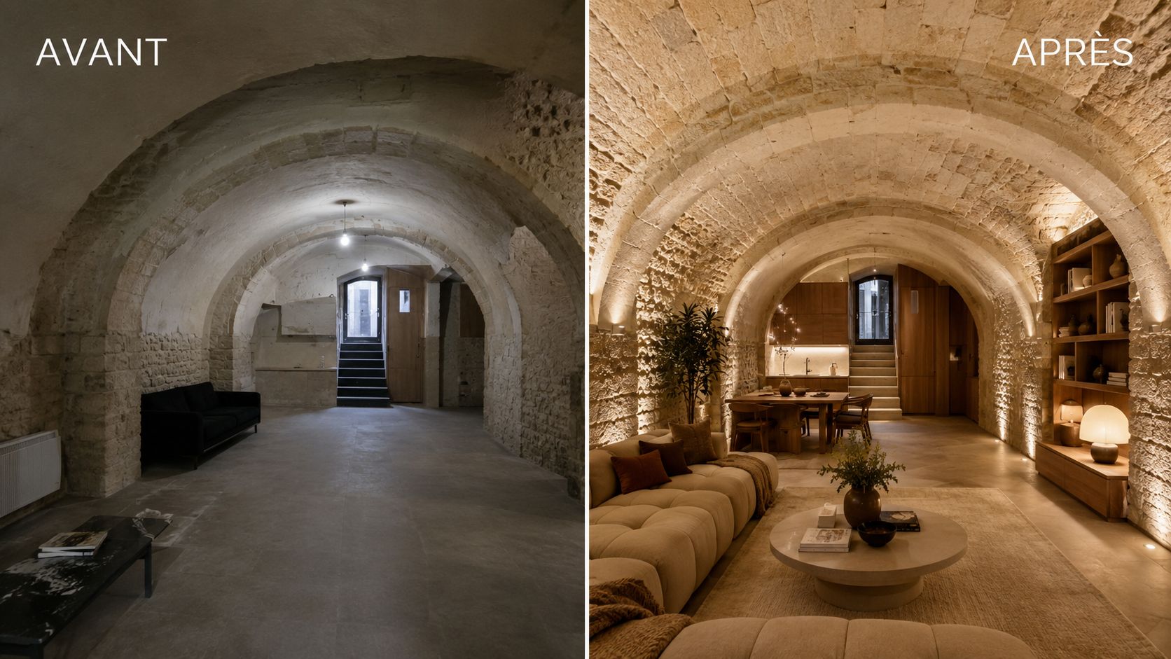 Cave voûtée en pierre avant et après transformation