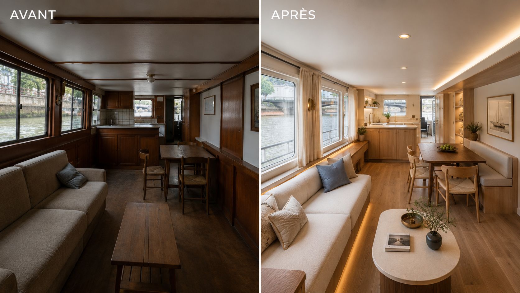 Péniche avant et après transformation